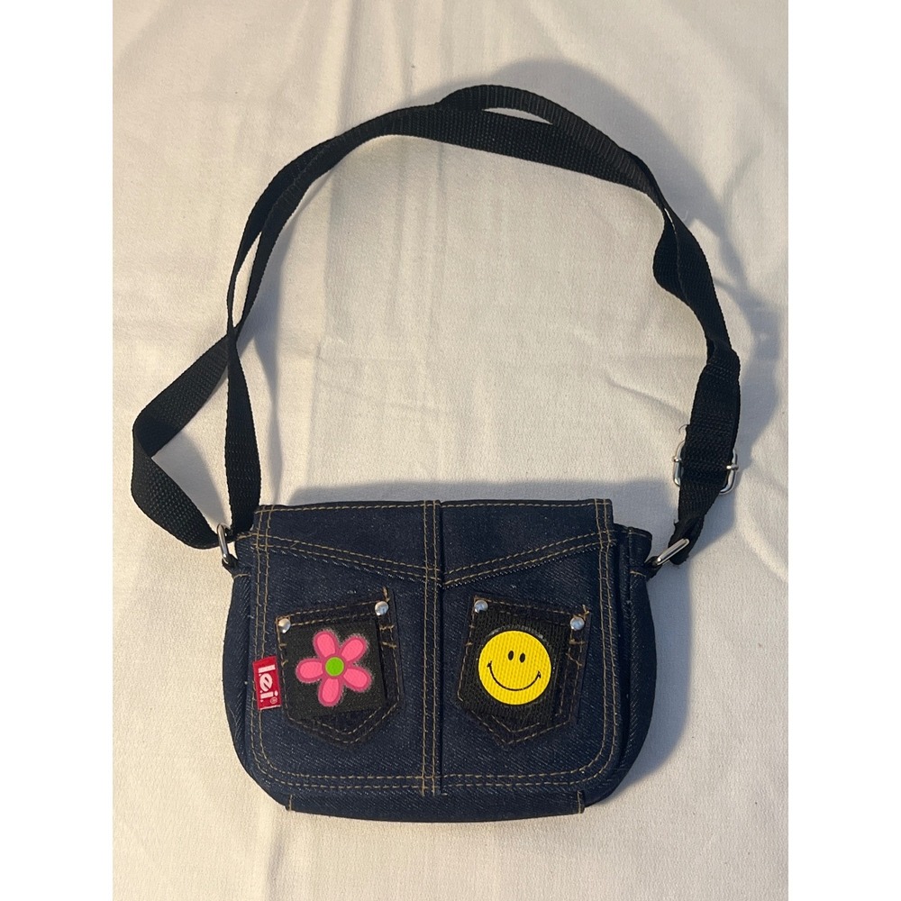 LEI Denim Mini Crossbody Bag Flower Smiley Face Pockets Adjustable‎ Strap y2k